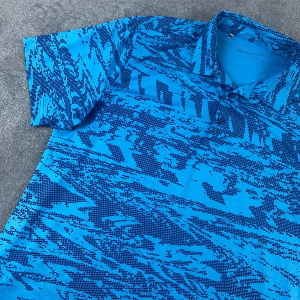 Under Armour Men XL Polo Shirt Blue HeatGear Loose Fit Short Slv‎ Digital Print